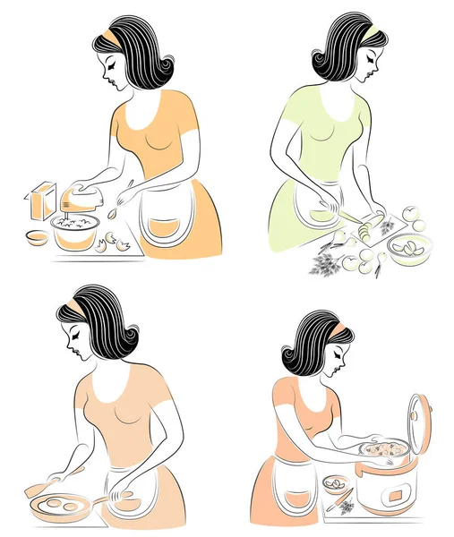 Samling. Vacker flicka förbereder mat i en multi-spis, viskar en mixer, skär grönsaker i en sallad, stek en omelett. En kvinna är en bra hemmafru och en. Vektor illustration set — Stock vektor