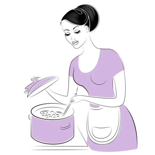 Perfil de una hermosa dama. La chica está cocinando comida en una cacerola. Una mujer es una buena esposa y una ama de casa ordenada, una criada. Ilustración vectorial — Vector de stock