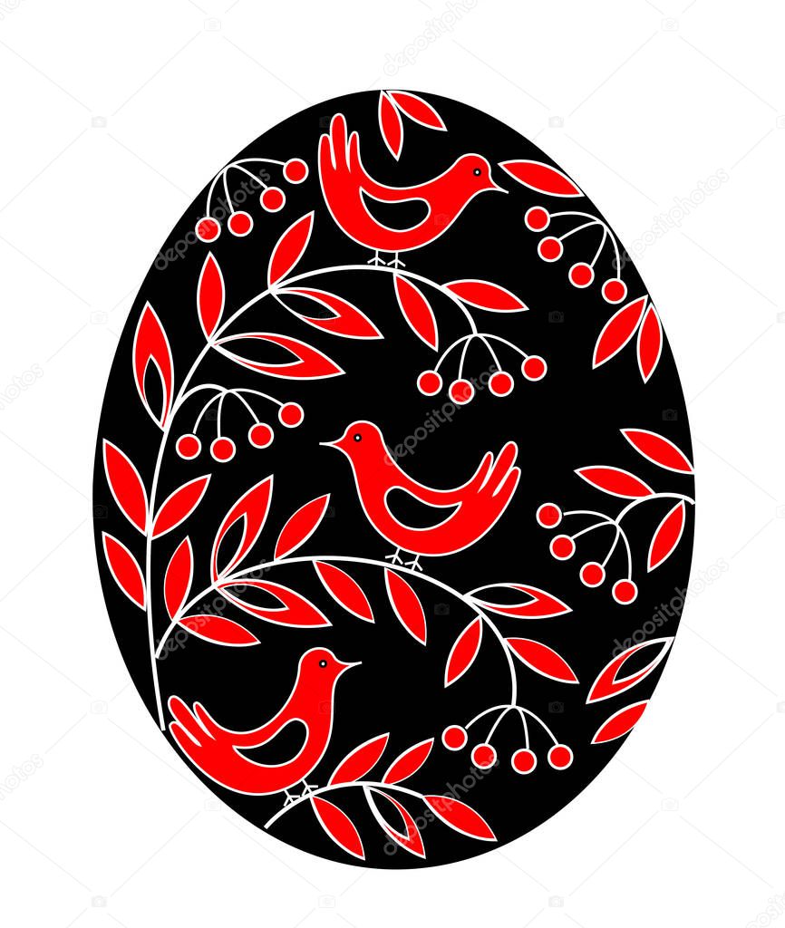 Easter egg with a painted pattern. Birds on branches with berries and leaves. The symbol of Easter. An ancient tradition of people. Vector illustration