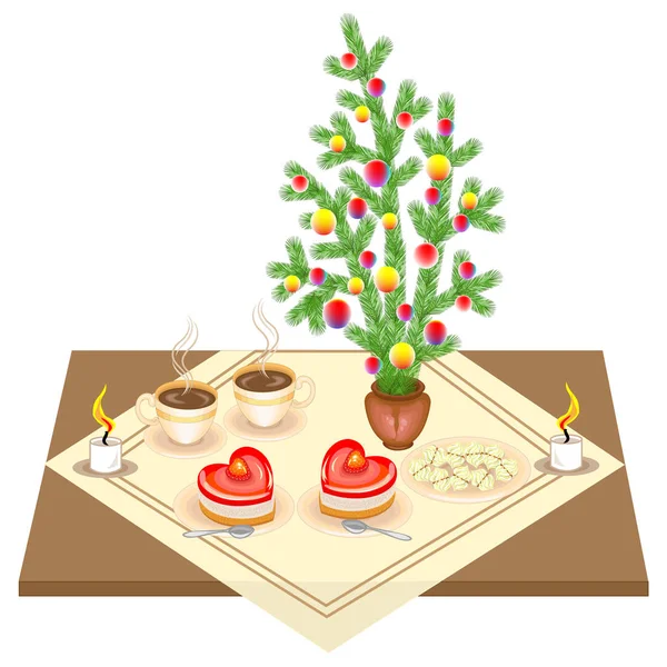 Праздничный стол. Новогодний букет от елки. Вкусный пирог в форме сердца и чай или кофе. Свечи создают романтическое настроение. Векторная иллюстрация — стоковый вектор