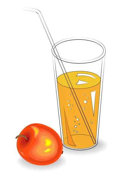 美味的健康清凉饮料。在一杯天然果汁中，成熟的红苹果。矢量插图 — 图库矢量图片