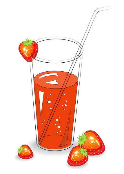 Deliciosa bebida refrescante saludable. En un vaso de jugo de fruta natural, fresas rojas maduras. Ilustración vectorial — Vector de stock