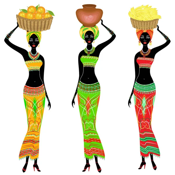 Colección. Una esbelta dama afroamericana. Una chica lleva una cesta con plátanos, naranjas, una jarra en la cabeza. La mujer es hermosa y joven. Ilustración vectorial — Vector de stock