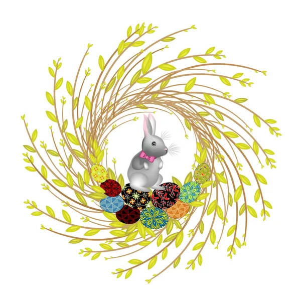 Wreath from young willow branches. The composition is decorated with beautiful Easter eggs. Inside is a rabbit. Symbol of spring and Easter. Vector illustration — Stock Vector