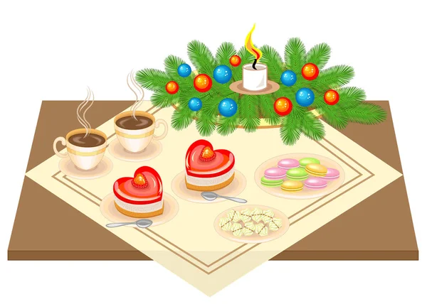 Tavolo festivo. Mazzo di Natale dall'albero di Natale. Deliziosa torta a forma di cuore e tè o caffè. La candela dà un umore romantico. Illustrazione vettoriale — Vettoriale Stock