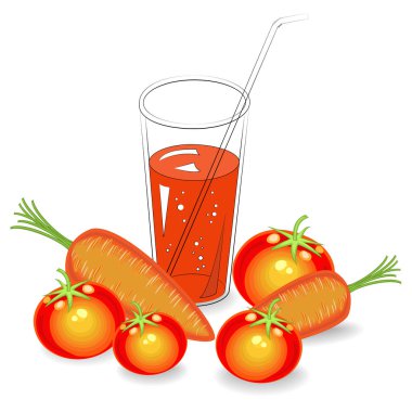Yararlı tıbbi ve lezzetli içecek. Doğal sebze suyu, domates ve olgun meyve havuç bir bardak. Vektör çizimi