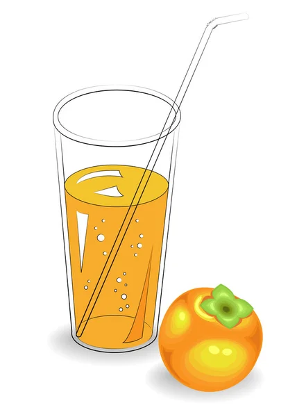 Delicious healthy refreshing drink. In a glass of natural fruit juice, ripe persimmon. Vector illustration — Stock Vector