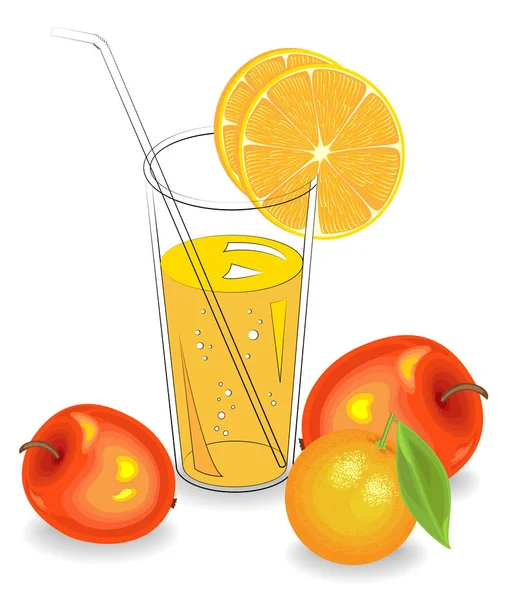 Lezzetli ferahlatıcı içecek. Doğal meyve suyu, mandalina, portakal ve elma bir parça bir bardak içinde. Vektör çizimi