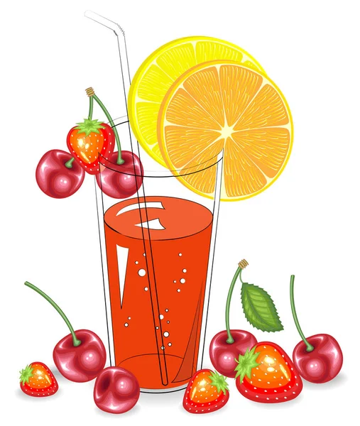 Köstliches Erfrischungsgetränk. in einem Glas natürlichen Fruchtsaft, einer Scheibe Orange, Mandarine, Zitrone, Kirsche, Erdbeere. Vektorillustration — Stockvektor