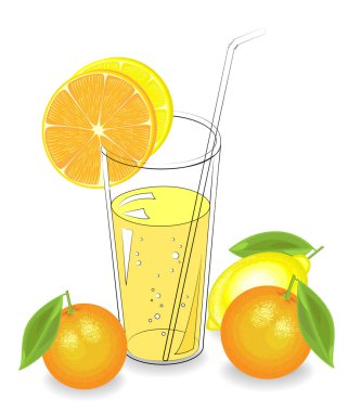 Lezzetli ferahlatıcı içecek. Bir bardak doğal meyve suyu, bir parça mandalina, limon, portakal. Vektör çizimi