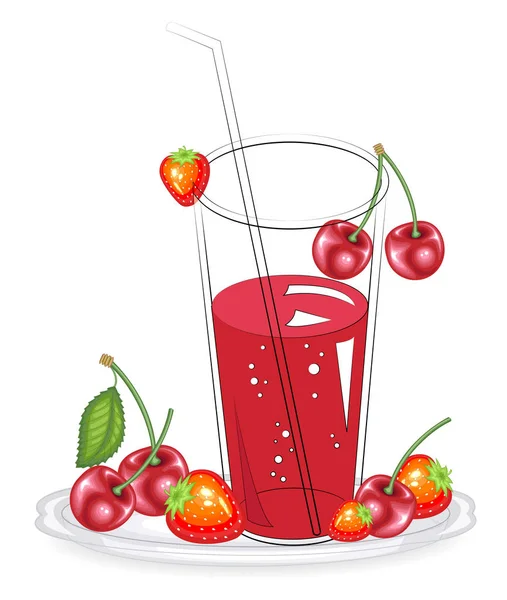 Köstliche gesunde erfrischende frische Getränke. Rote Erdbeeren und Kirschbeeren auf einem Teller. Vektorillustration — Stockvektor