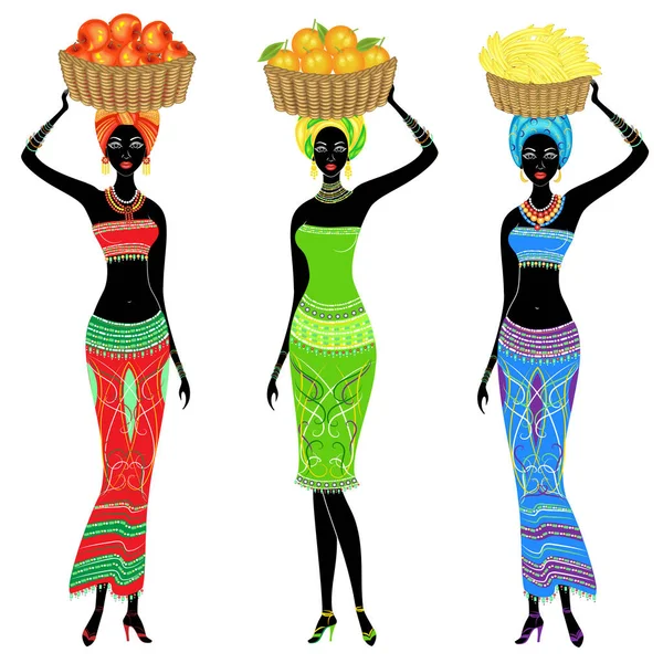 Koleksiyon. İnce bir Afro-Amerikalı bayan. Kız kafasında elma, muz, portakal la dolu bir sepet taşıyor. Kadınlar güzel ve gençtir. Vektör illüstrasyon seti — Stok Vektör
