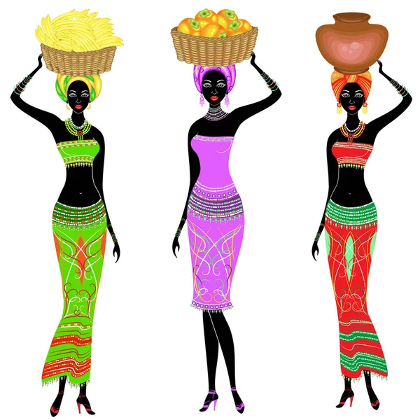 Collecte. Une dame afro-américaine mince. La fille porte un panier sur sa tête avec des oranges, des bananes, des pots. Les femmes sont belles et jeunes. Jeu d'illustrations vectorielles — Image vectorielle