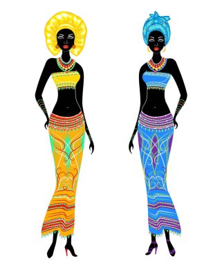 Güzel Afro-Amerikan bayanlar bir koleksiyon. Kızların parlak kıyafetleri, kafalarında sarık var. Kadınlar genç ve zayıf. Vektör illüstrasyon seti