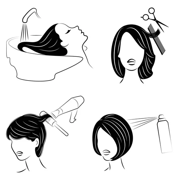 Colección. Dama en un salón de belleza. La chica se peina. Una mujer se lava el pelo, se corta el pelo, se seca el secador de pelo, barnices. Juego de ilustración vectorial — Archivo Imágenes Vectoriales