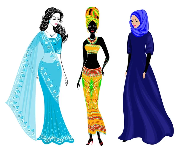 Uma coleção de lindas senhoras. Muçulmana, afro-americana e indiana. Roupas nacionais. Conjunto de ilustrações vetoriais — Vetor de Stock