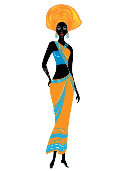 Smal vacker afro-amerikansk Lady. Flickan har ljusa kläder, en turban på huvudet. Kvinnan är smal och vacker. Vektor illustration — Stock vektor