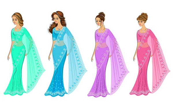 Collectie. Silhouet van mooie dames. De meisjes zijn gekleed in saris, traditionele Indiase nationale kleren. Vrouwen zijn jong en mooi. Set Vector illustraties — Stockvector