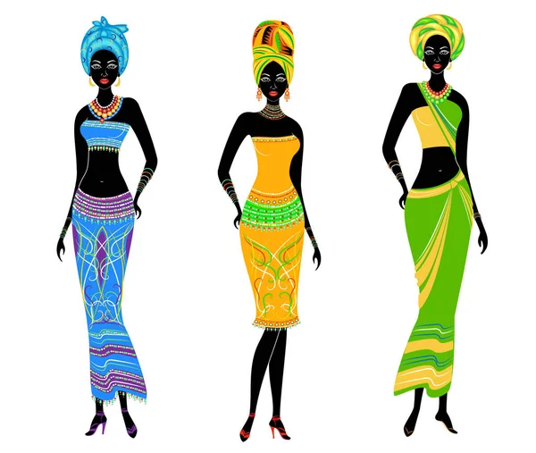 Eine Sammlung schöner afrikanisch-amerikanischer Damen. Mädchen haben helle Kleidung, einen Turban auf dem Kopf. Frauen sind jung und schlank. Vektor Illustration Set — Stockvektor