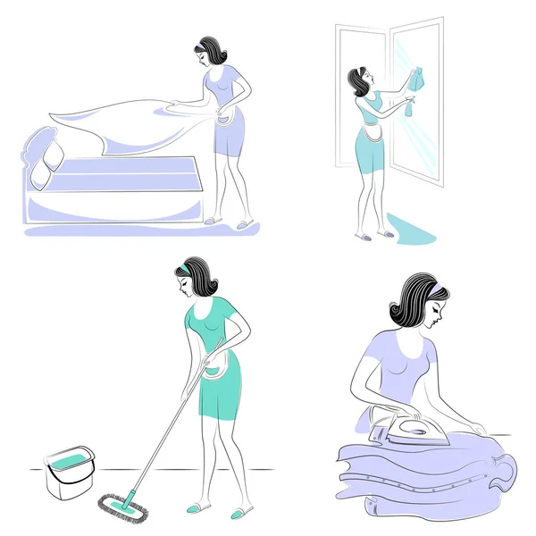 Koleksi. Gadis itu mencuci lantai dan jendela di kamar, membuat tempat tidur, menyetrika kemeja. Seorang wanita adalah istri yang baik dan ibu rumah tangga yang rapi, pembantu. Set dari gambar vektor - Stok Vektor