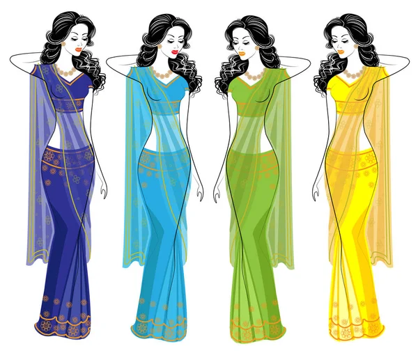 Collection. Silhouette of lovely ladies. The girls are dressed in saris, traditional Indian national clothes. Women are young and beautiful. Set of vector illustrations — Stock Vector