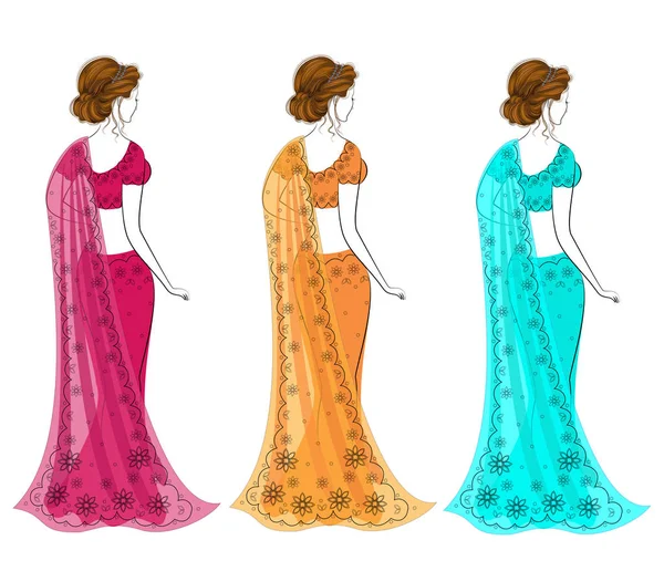 Colección. Silueta de damas encantadoras. Las chicas están vestidas con saris, ropa nacional india tradicional. Las mujeres son jóvenes y hermosas. Conjunto de ilustraciones vectoriales — Vector de stock