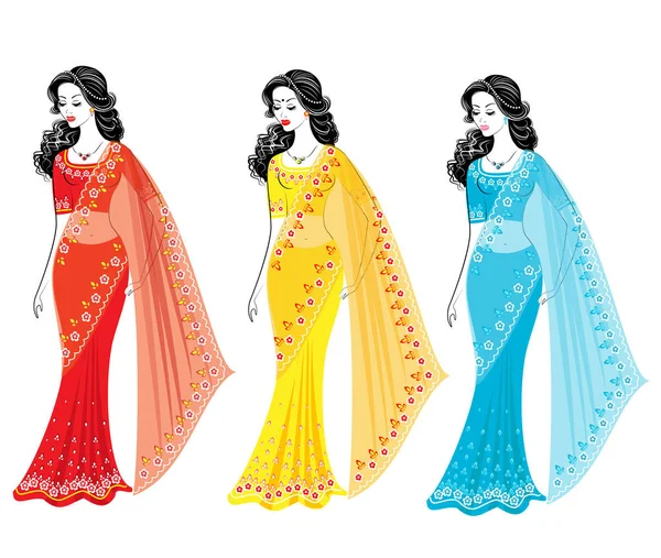 コレクション。美しい女性のシルエット。女の子たちは、伝統的なインドの国民的な服を着て、サリを着ています。女性は若くて美しい。ベクトルイラストのセット — ストックベクタ