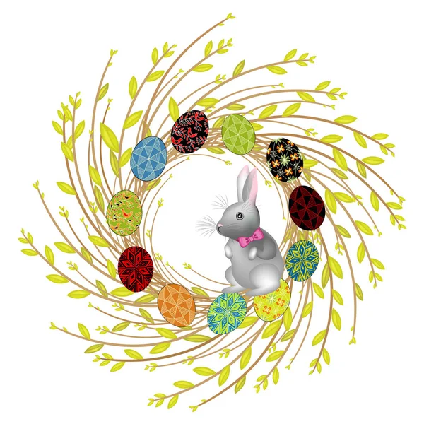Wreath from young willow branches. The composition is decorated with beautiful Easter eggs. Inside is a rabbit. Symbol of spring and Easter. Vector illustration — Stock Vector
