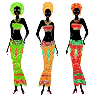 Güzel Afro-Amerikan bayanlar bir koleksiyon. Kızların parlak kıyafetleri, kafalarında sarık var. Kadınlar genç ve zayıf. Vektör illüstrasyon seti