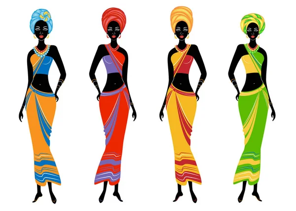 Uma coleção de lindas senhoras afro-americanas. As raparigas têm roupas brilhantes, um turbante na cabeça. As mulheres são jovens e magras. Conjunto de ilustrações vetoriais — Vetor de Stock