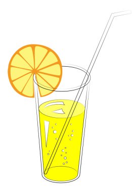 Lezzetli ferahlatıcı içecek. Bir bardak doğal meyve suyu, bir dilim portakal, mandalina. Vektör çizimi