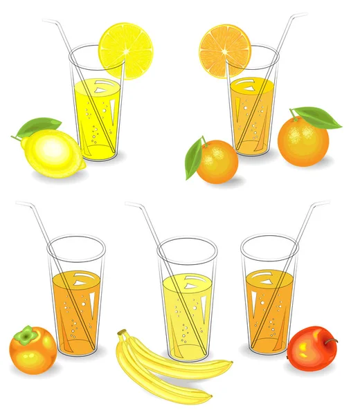 Colección. Vasos de zumo de fruta natural limón, mandarina, plátano, manzana, caqui. Ilustración vectorial, conjunto — Vector de stock