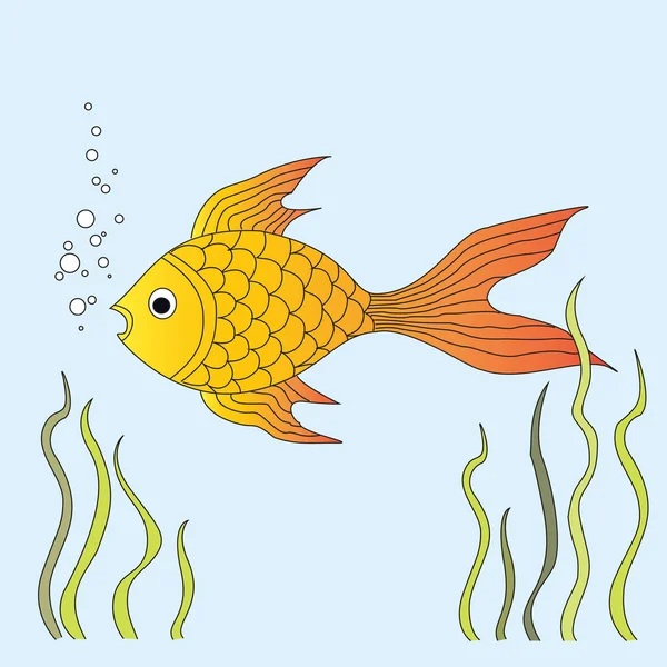 Goldfisch schwimmt im Wasser im Aquarium. Algen ringsum. Vektorillustration — Stockvektor