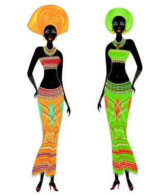 Güzel Afro-Amerikan bayanlar bir koleksiyon. Kızların parlak kıyafetleri, kafalarında sarık var. Kadınlar genç ve zayıf. Vektör illüstrasyon seti