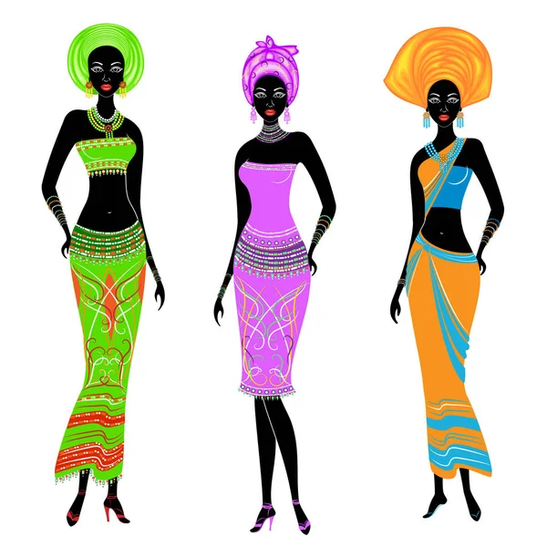 Een collectie van mooie Afro-Amerikaanse dames. Meisjes hebben lichte kleren, een tulband op hun hoofd. Vrouwen zijn jong en slank. Vector illustratie instellen — Stockvector