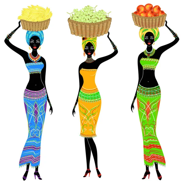 Collection. A slender African-American lady. The girl carries a basket on her head with grapes, bananas, apples. Women are beautiful and young. Vector illustration set — Stock Vector