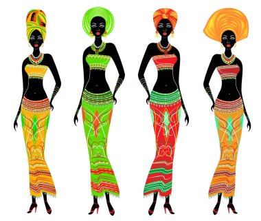 Güzel Afro-Amerikan bayanlar bir koleksiyon. Kızların parlak kıyafetleri, kafalarında sarık var. Kadınlar genç ve zayıf. Vektör illüstrasyon seti