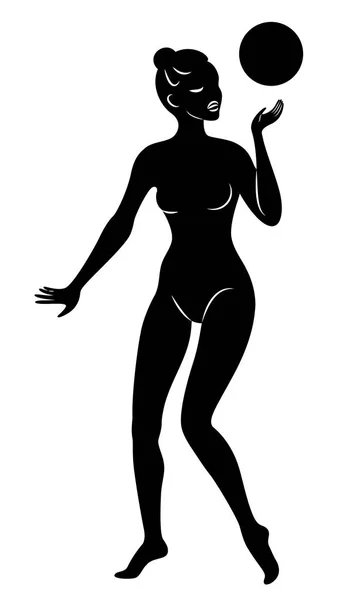 Silhuet af slank dame. Pigen spiller bolden. Kvindelig gymnast. Grafisk billede. Vektorillustration . – Stock-vektor