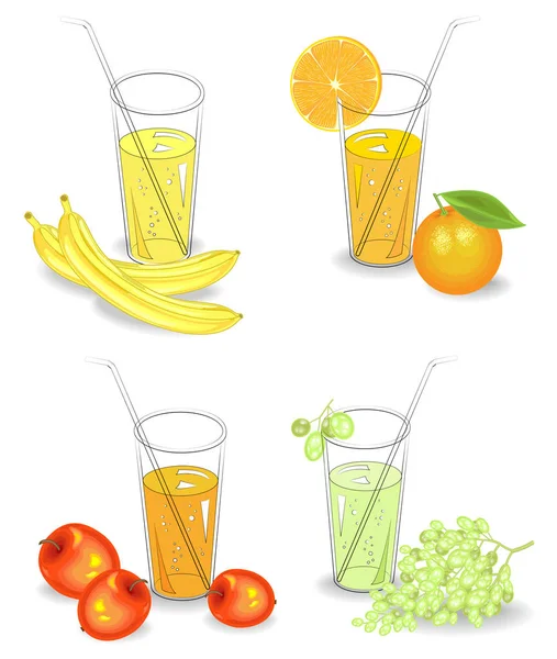 Sammlung. Gläser mit natürlichen Fruchtsaftbananen, Orangen, Trauben, Äpfeln. Vektor-Abbildung, gesetzt — Stockvektor