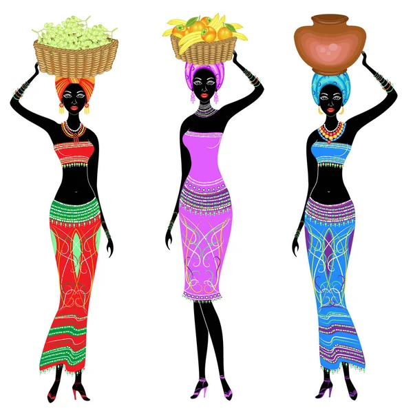 Collecte. Belle femme afro-américaine. La fille porte un panier sur sa tête avec des kaki, des oranges, des bananes, des raisins et une cruche. Les femmes sont minces et jeunes. Ensemble d'illustrations vectorielles — Image vectorielle