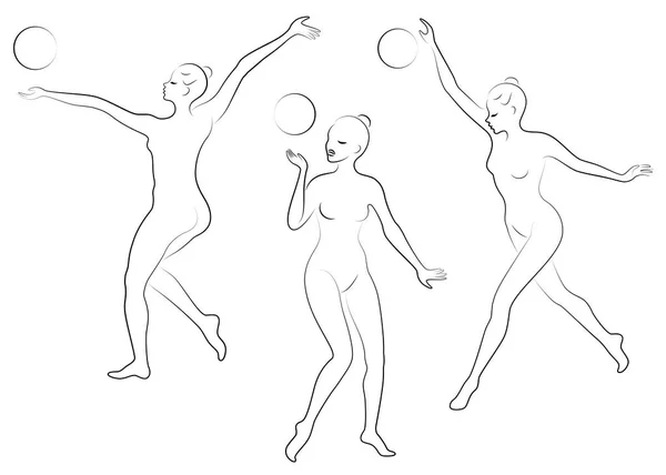 Sammlung. Silhouette einer schlanken Dame. Turnerin. die Frau ist flexibel und anmutig. Sie spielt den Ball. Grafik. Vektor Illustration Set — Stockvektor