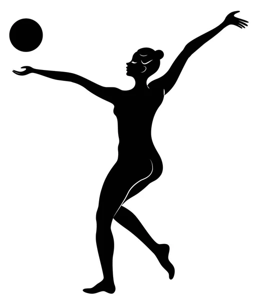 Silhouet van slanke dame. Het meisje speelt de bal. Vrouwelijke gymnast. Grafische afbeelding. Vector illustratie — Stockvector