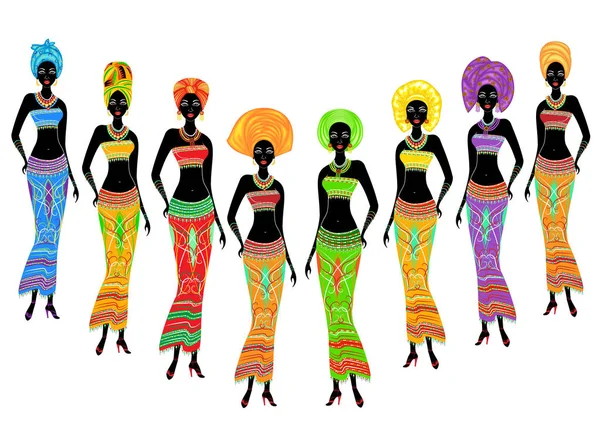 Une collection de belles Afro-Américaines. Les filles ont des vêtements brillants, un turban sur la tête. Les femmes sont jeunes et minces. Jeu d'illustrations vectorielles — Image vectorielle