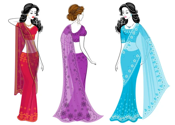 Koleksiyon. Güzel bayanların silueti. Kızlar sari, geleneksel Hint ulusal giysileri giymiş. Kadınlar genç ve güzeldir. Vektör çizimleri kümesi — Stok Vektör