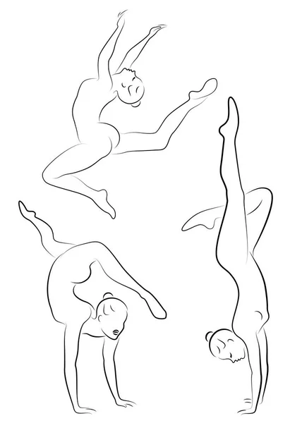 Collectie. Silhouet van slanke dame. Meisje gymnast. De vrouw is flexibel en sierlijk. Ze springt. Grafische afbeelding. Vector illustratie instellen — Stockvector