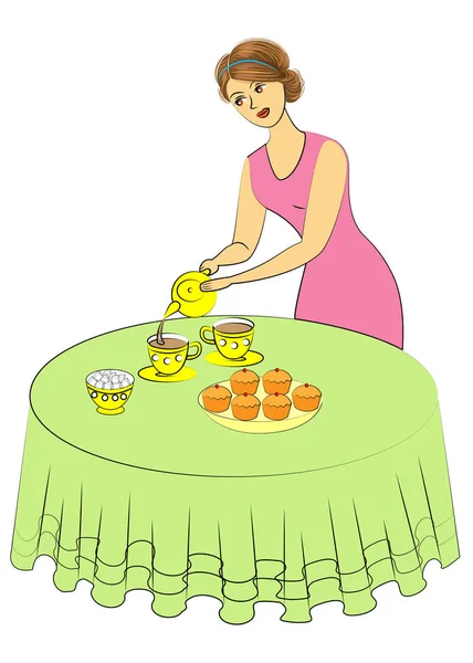 Belle femme cuisine. La dame verse le thé dans des tasses. La fille met la table. Illustration vectorielle — Image vectorielle