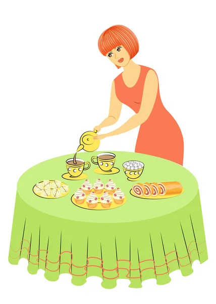 Mulher bonita está cozinhando. A senhora derrama chá em copos. A rapariga põe a mesa. Ilustração vetorial — Vetor de Stock