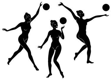 Koleksiyon. İnce bayanın silueti. Kız jimnastikçi. Kadın esnek ve zarif. Top oynuyor. Grafik görüntüsü. Vektör illüstrasyon seti