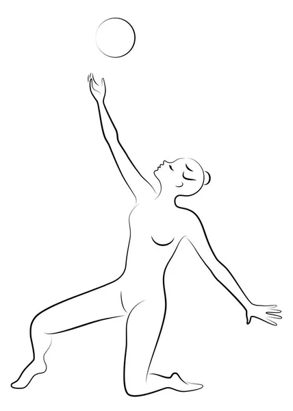 Silhuett av smal dam. Flickan spelar bollen. Kvinnlig gymnast. Grafisk bild. Vektor illustration — Stock vektor