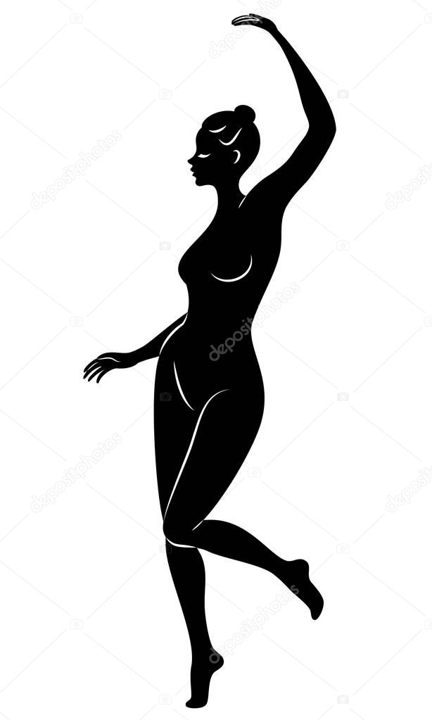 Silhouette of slender lady. Girl gymnast. The woman is flexible and graceful. She is jumping. Graphic image. Vector illustratio.